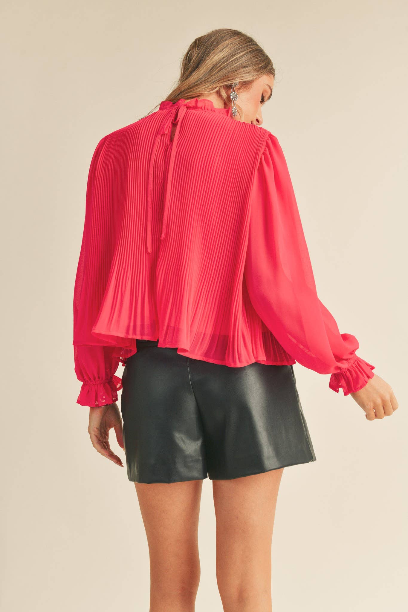 Pleated High Ruffle Neck Top